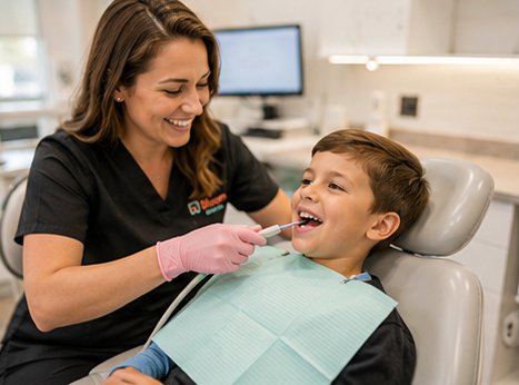 A dentist gently treating a young boy