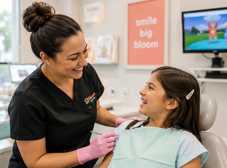 A Bloom Dental hygienist with a smiling child