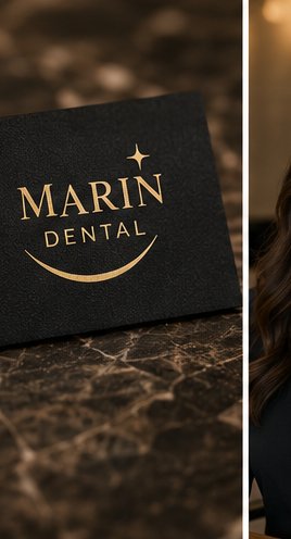 Marin Dental brand card on marble
